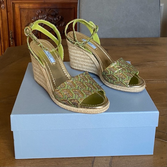 🇺🇸🇺🇦Prada Metallic Brocade Platform Espadrille Sandals - Picture 6 of 12